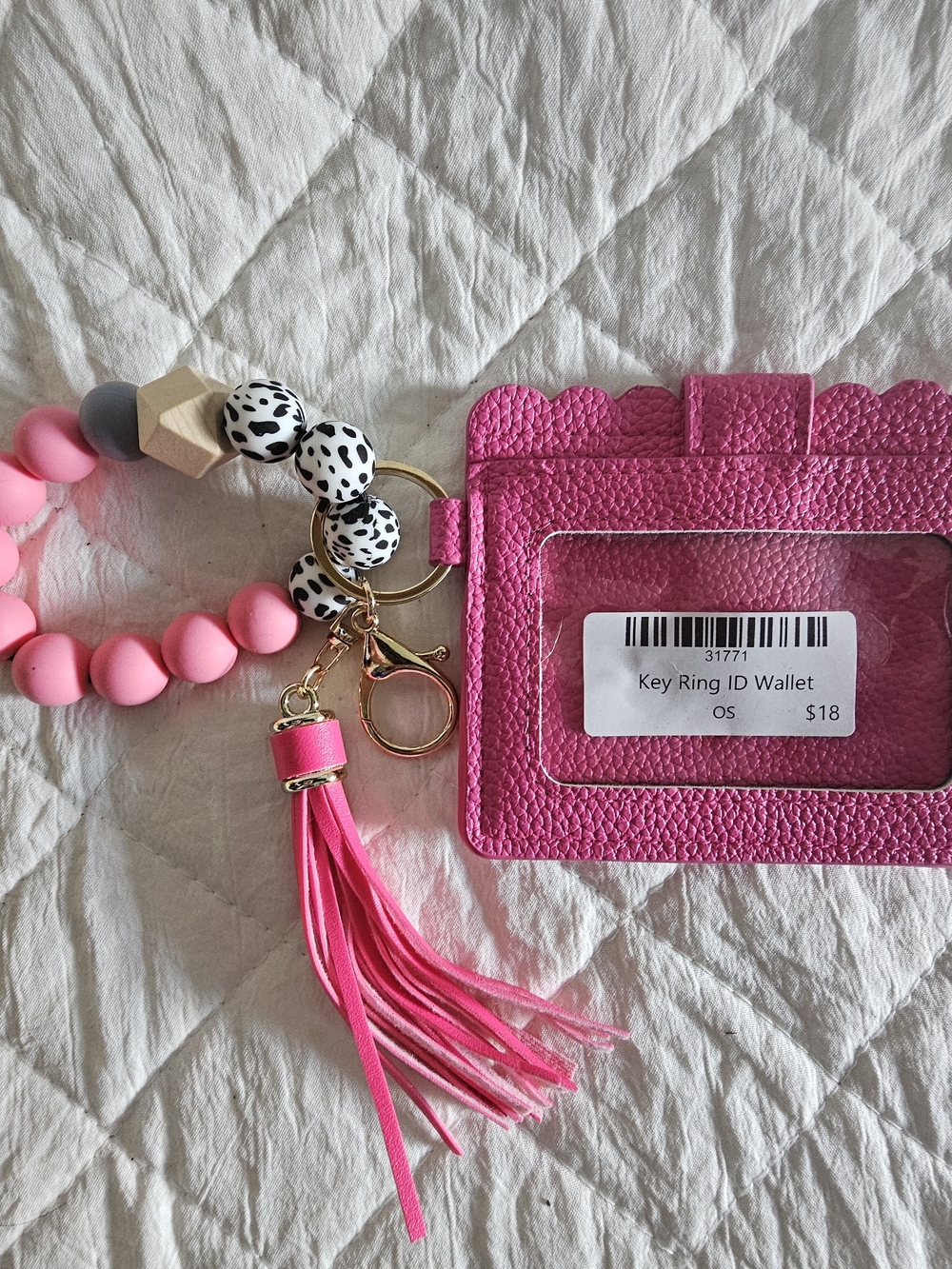 Bright Pink Tassel Key Ring ID Wallet